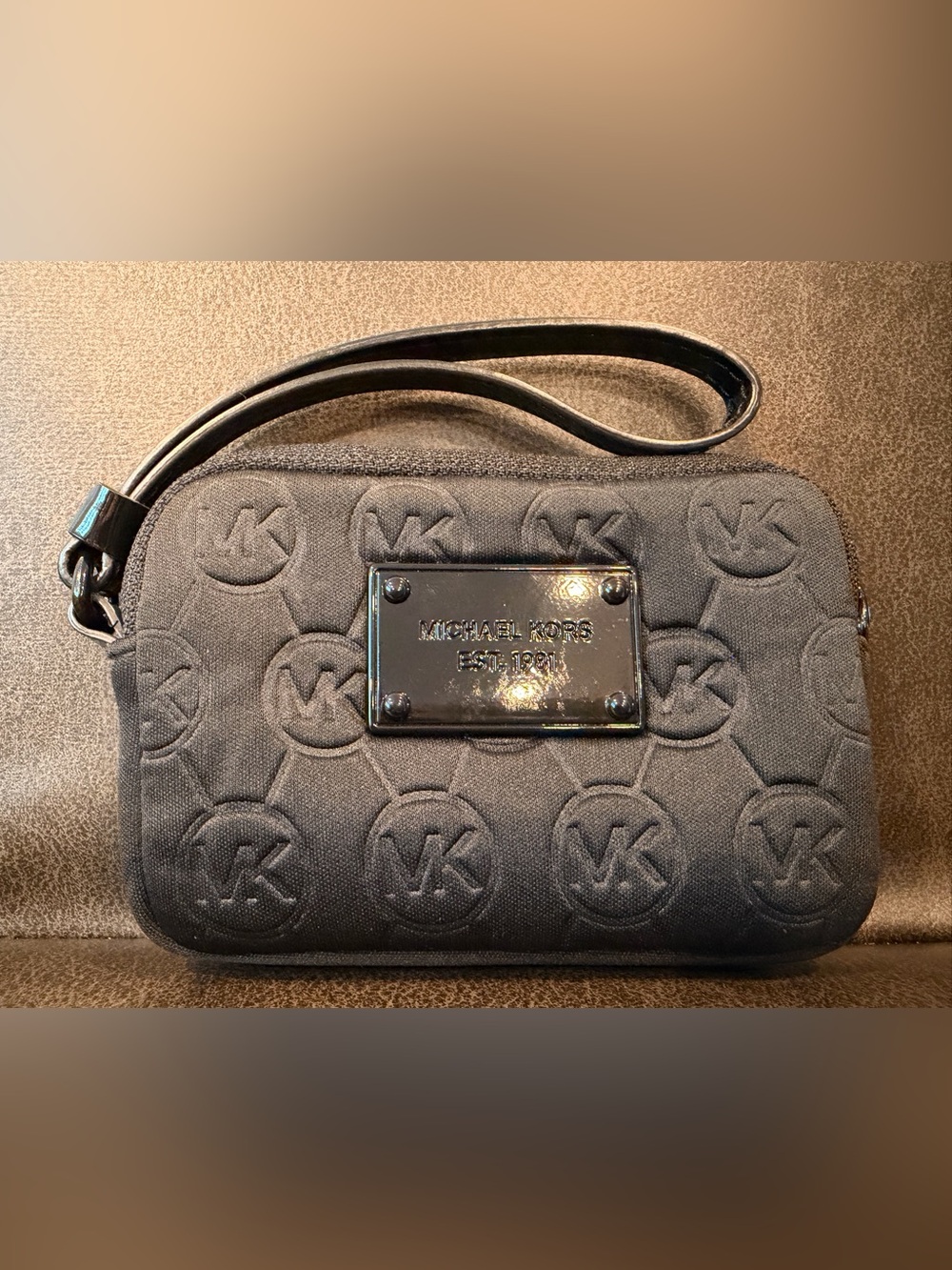 Michael Kors Black Quilted MK Logo Wristlet with Plated Logo
